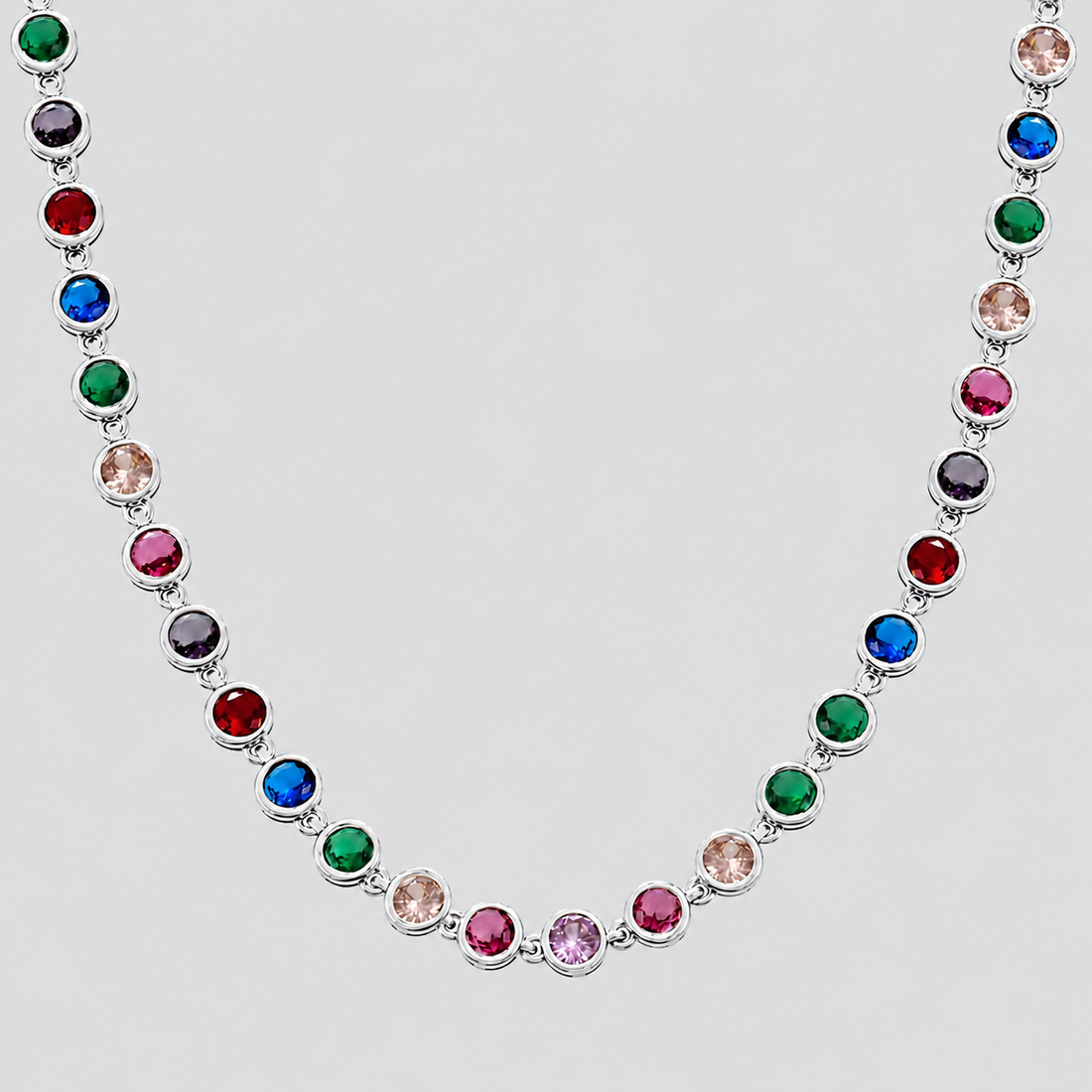 Royal Multicolor Gemstone Necklace 2.0 in silver stainless steel with vibrant multicolor cubic zirconia stones.