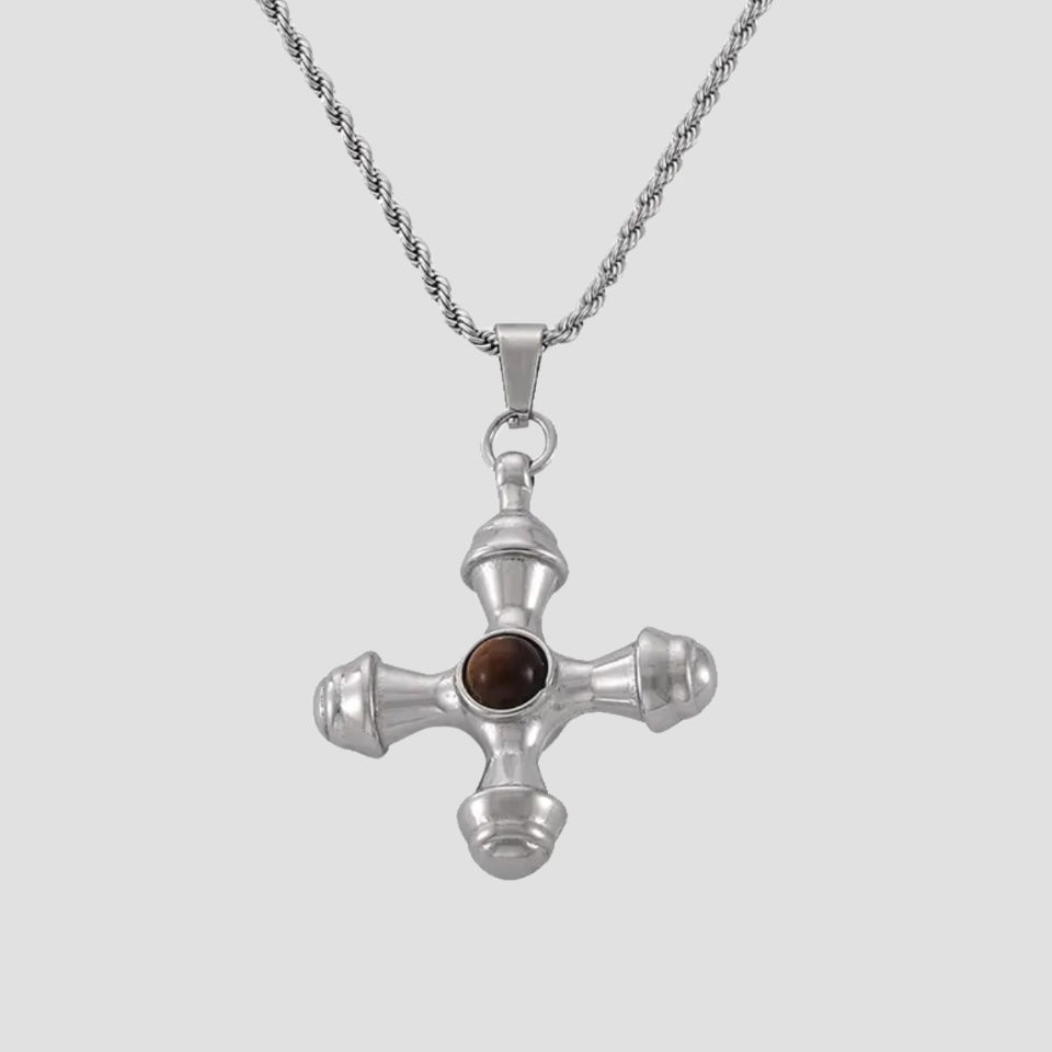 Tiger’s Eye Stainless Steel Cross Pendant Necklace flat lay showcasing gemstone shine and polished silver finish.