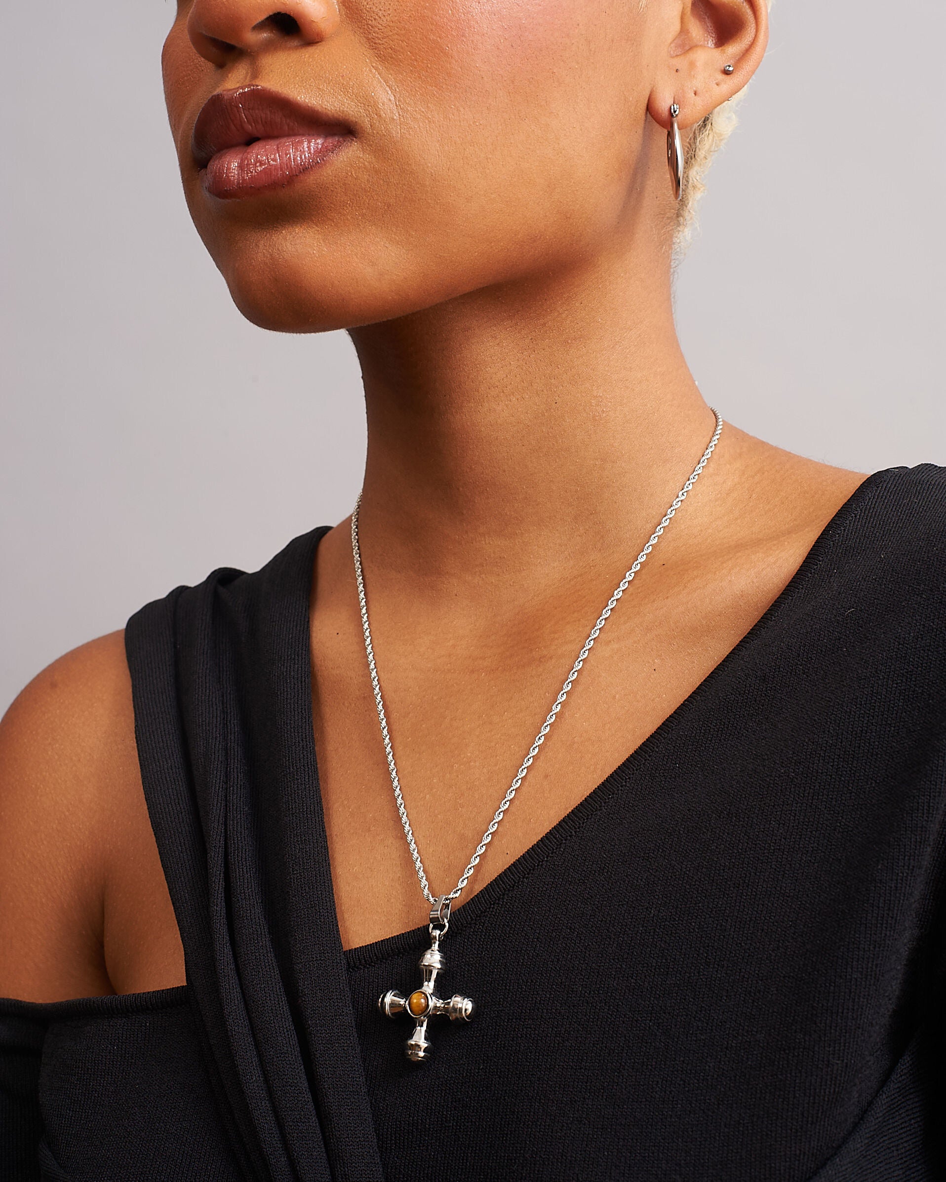 Tiger’s Eye Stainless Steel Cross Pendant Necklace - GRISÉ NYC 3
