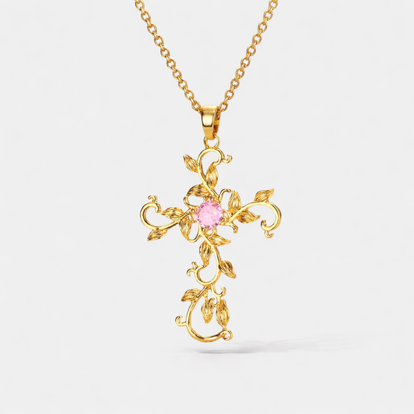 Pink Flower Vine Cross Necklace - Floral Gold Art | Grisé NYC